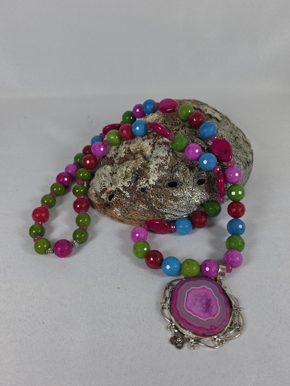 Handmade Sterling Silver 925 Agate Geode Pendant Multi-Color Jade Necklace Set